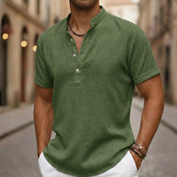 Men Linen Blend Short Sleeve Shirt Henley Collar