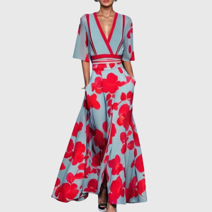 Vestido de satén para mujer con flores, manga larga, escote en V, cinturón y falda acampanada