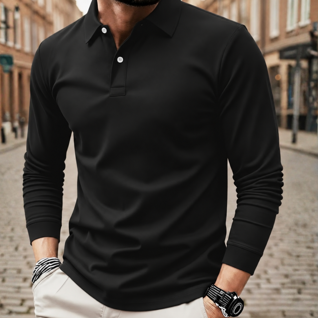 Mens long sleeve polo shirt solid color loose fit polyester fabric