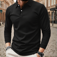 Mens long sleeve polo shirt solid color loose fit polyester fabric