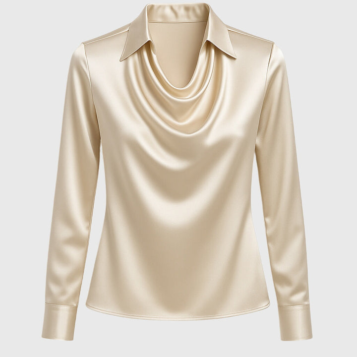 Blouse femme en satin à manches longues, col plissé, boutonnée