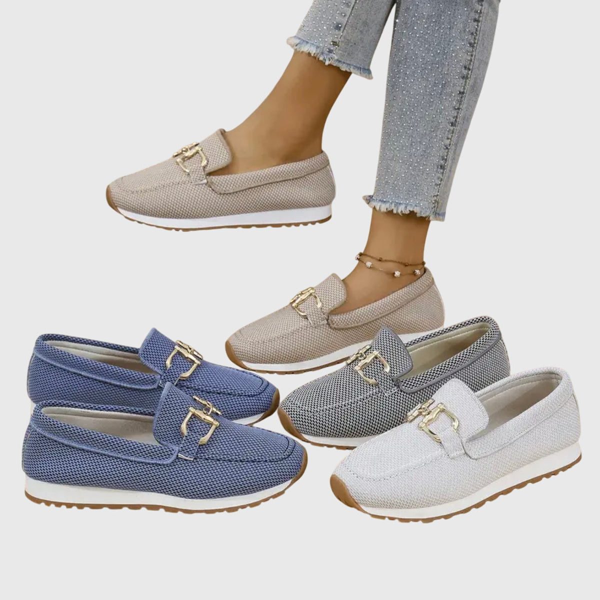 Mocassins orthopédiques pour femmes, à enfiler, semelle intérieure rembourrée, semelle extérieure en caoutchouc, détail métallique