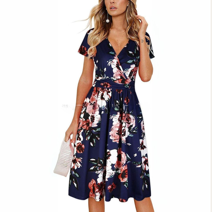 Damen Blumen-Wickelkleid Midi aus Polyester | Vestea