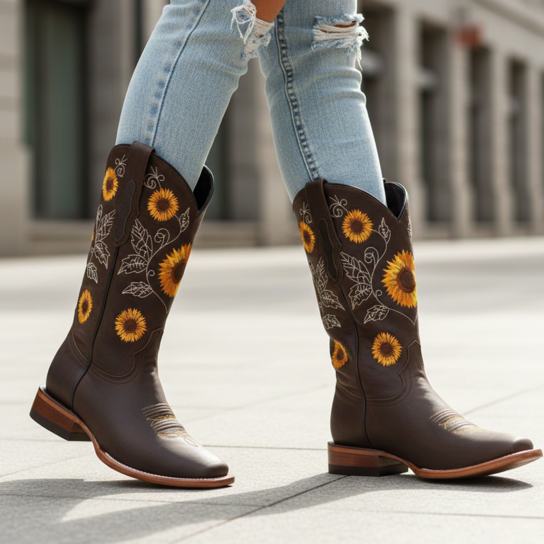 Botas de vaquero hasta media pantorrilla con bordado de girasol para mujer