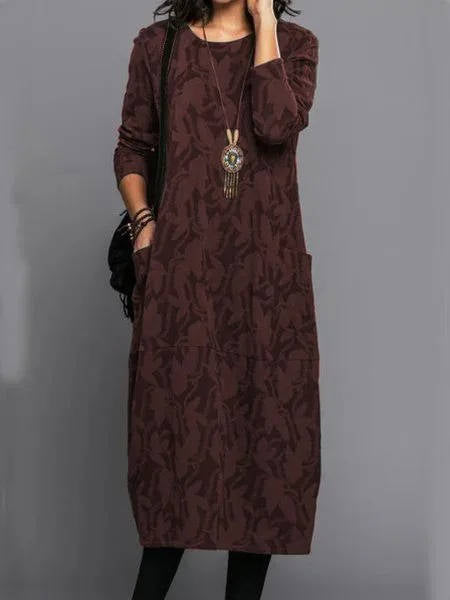 Vestido midi para mujer mezcla de algodón floral manga larga cuello redondo ajuste relajado con bolsillos – Casual para trabajo