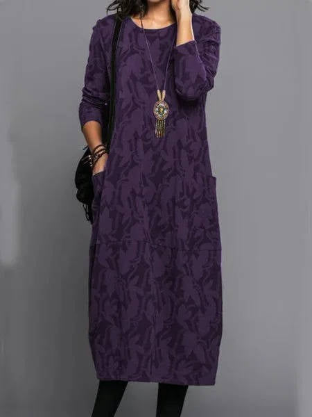 Vestido midi para mujer mezcla de algodón floral manga larga cuello redondo ajuste relajado con bolsillos – Casual para trabajo