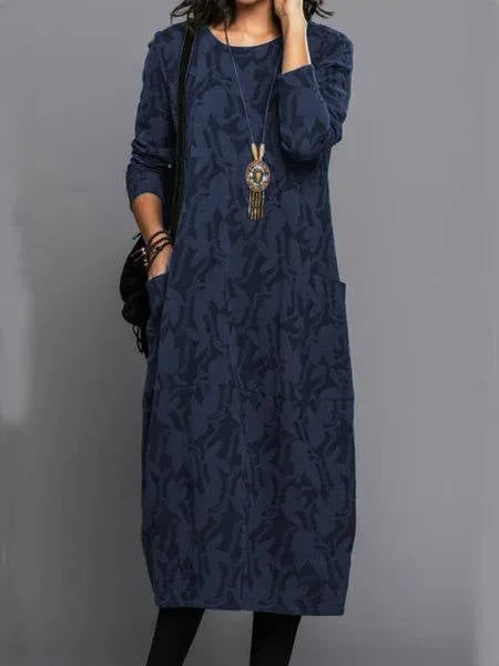 Vestido midi para mujer mezcla de algodón floral manga larga cuello redondo ajuste relajado con bolsillos – Casual para trabajo