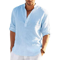 Men's Henley Shirt Linen Button Placket Long Sleeve Roll-Tab Regular Fit
