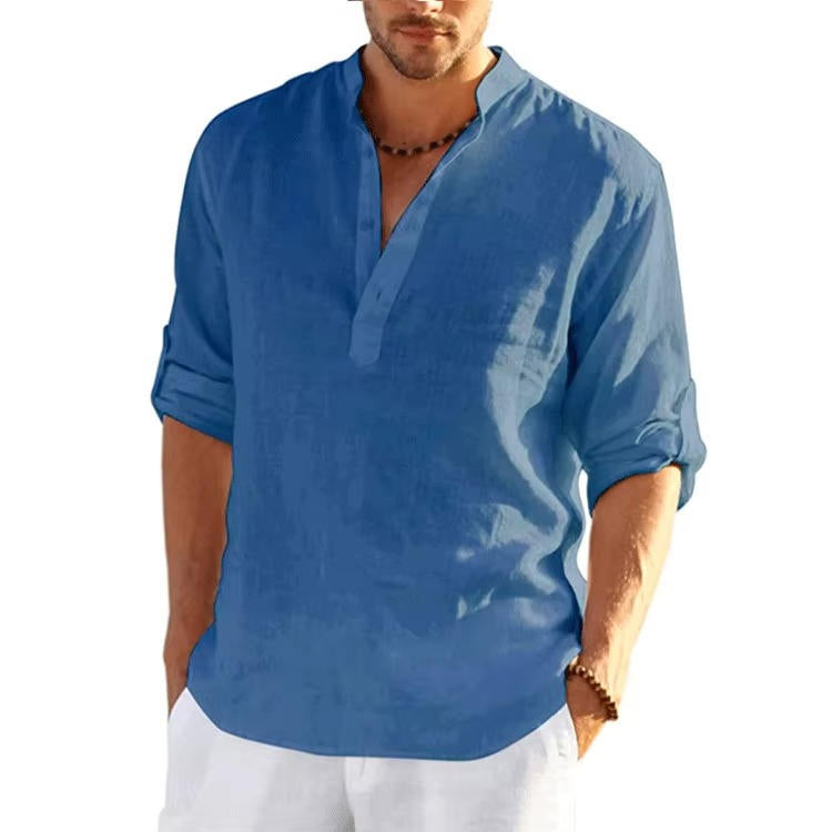 Chemise Henley homme en lin, patte de boutonnage, manches longues avec patte de boutonnage, coupe régulière