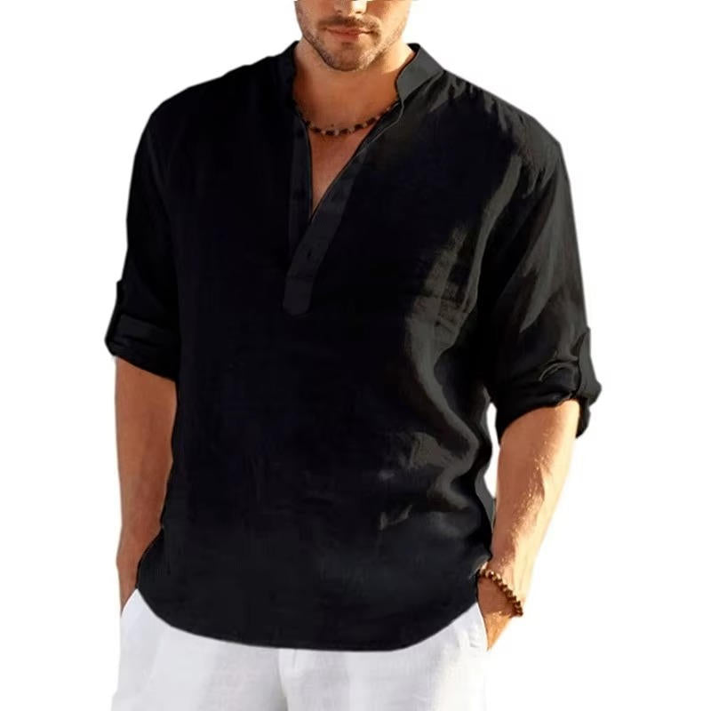 Chemise Henley homme en lin, patte de boutonnage, manches longues avec patte de boutonnage, coupe régulière