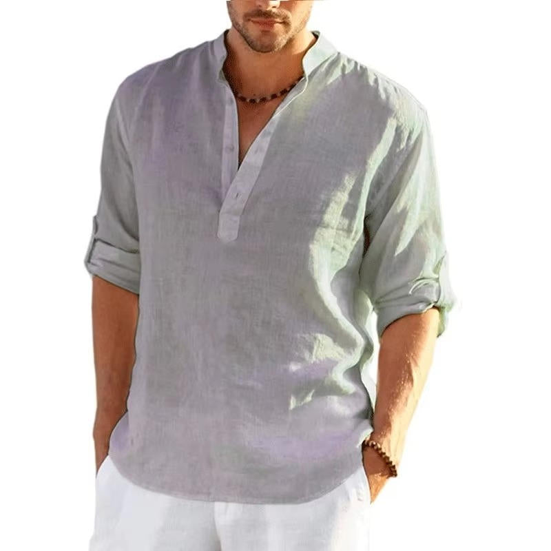 Chemise Henley homme en lin, patte de boutonnage, manches longues avec patte de boutonnage, coupe régulière