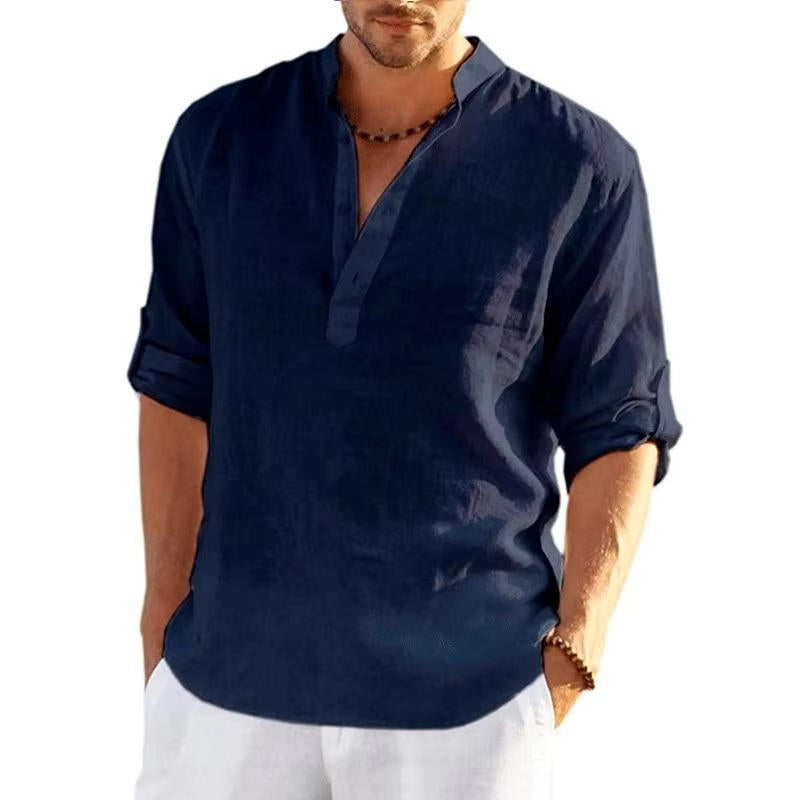 Chemise Henley homme en lin, patte de boutonnage, manches longues avec patte de boutonnage, coupe régulière