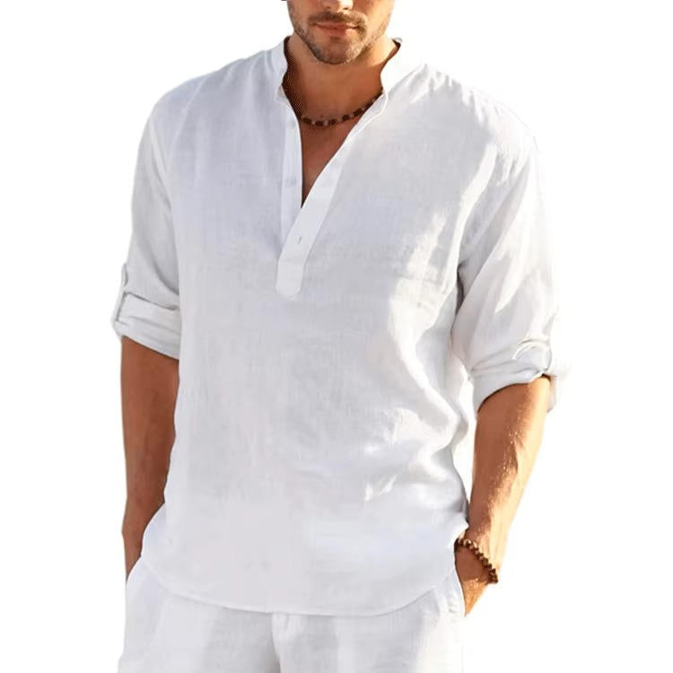 Chemise Henley homme en lin, patte de boutonnage, manches longues avec patte de boutonnage, coupe régulière
