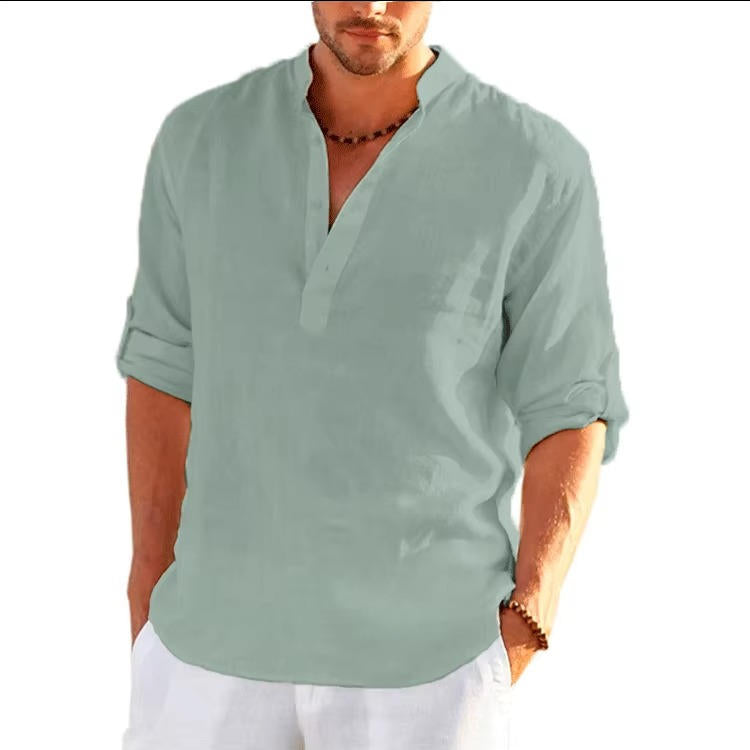 Chemise Henley homme en lin, patte de boutonnage, manches longues avec patte de boutonnage, coupe régulière