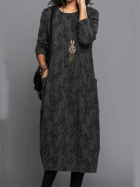Vestido midi para mujer mezcla de algodón floral manga larga cuello redondo ajuste relajado con bolsillos – Casual para trabajo