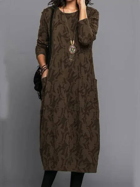 Vestido midi para mujer mezcla de algodón floral manga larga cuello redondo ajuste relajado con bolsillos – Casual para trabajo