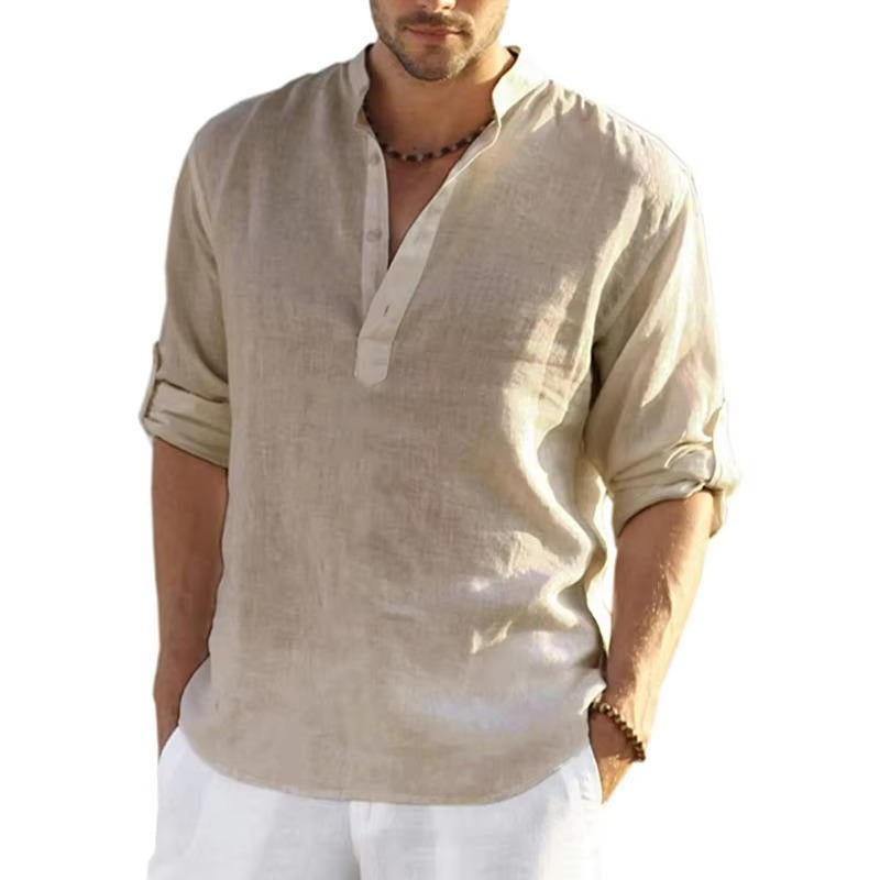 Chemise Henley homme en lin, patte de boutonnage, manches longues avec patte de boutonnage, coupe régulière