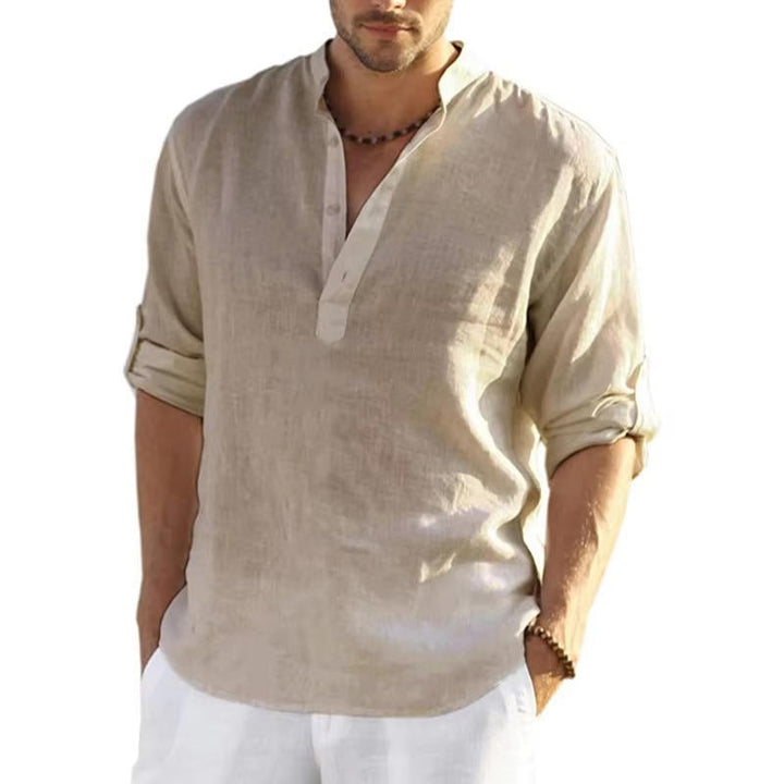 Chemise Henley homme en lin, patte de boutonnage, manches longues avec patte de boutonnage, coupe régulière