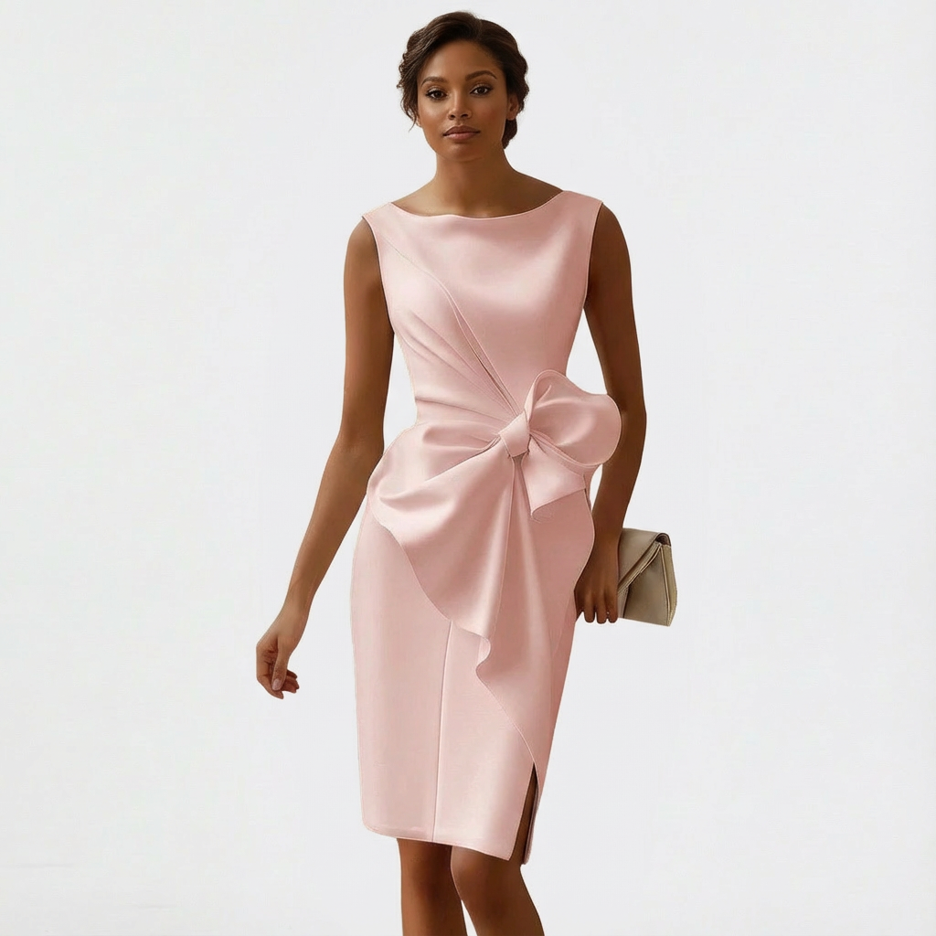 Robe midi femme sans manches à col rond avec nœud devant et coupe trapèze