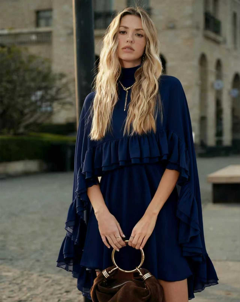 Robe courte pour femme en mousseline de soie à volants superposés | Cape