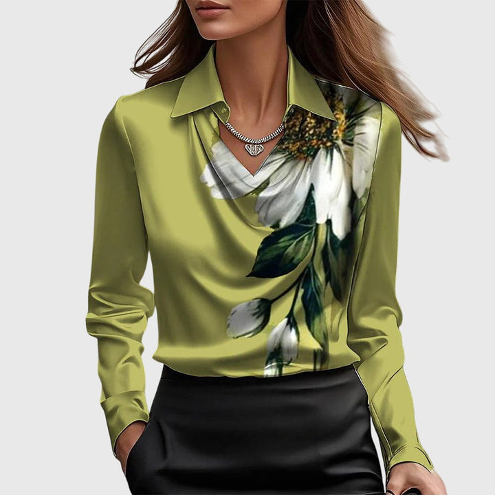 Blouse femme en satin à manches longues, col plissé, boutonnée