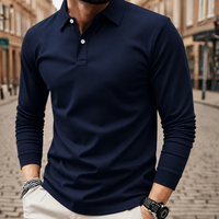 Mens long sleeve polo shirt solid color loose fit polyester fabric