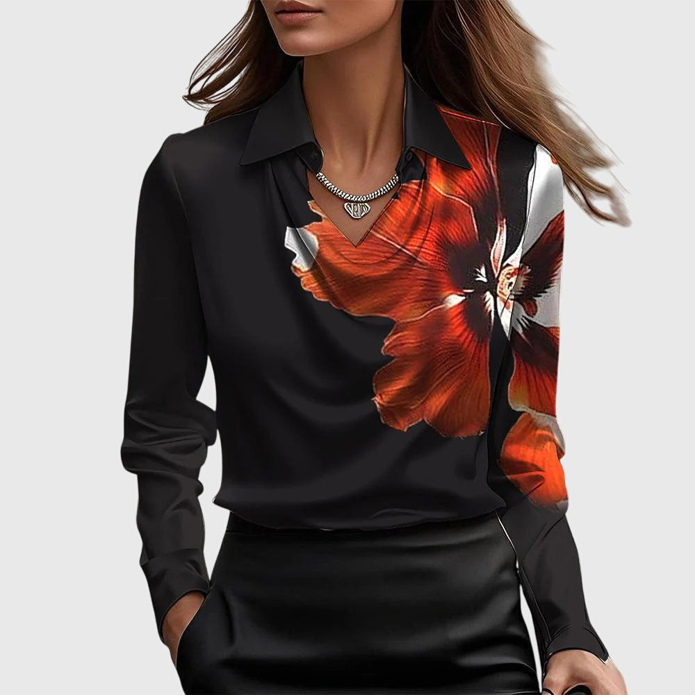 Blouse femme en satin à manches longues, col plissé, boutonnée