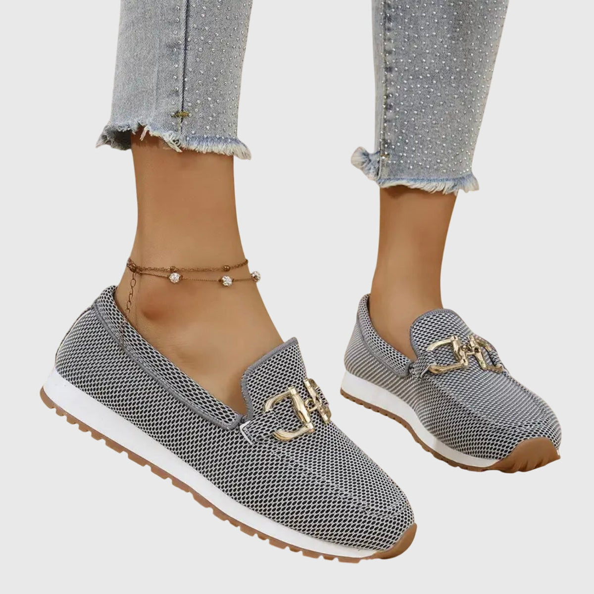 Mocassins orthopédiques pour femmes, à enfiler, semelle intérieure rembourrée, semelle extérieure en caoutchouc, détail métallique