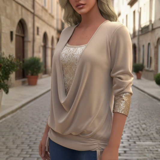 Blouse Long Sleeve Sequin Draped Neck Relaxed Fit Women
