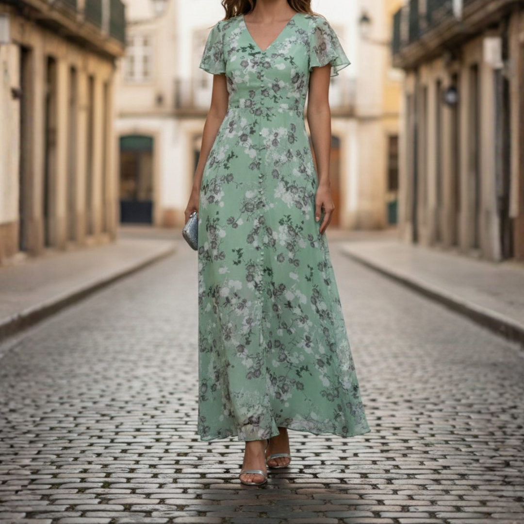 Robe longue à manches courtes fleurie pour femme