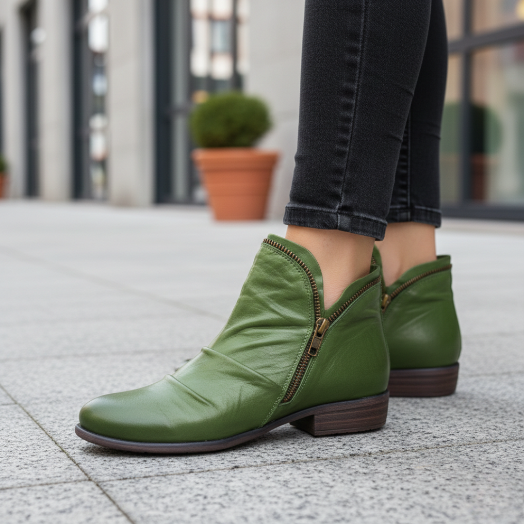 Bottes chevilles pour femmes en cuir synthétique orthopédique à double fermeture éclair et fronces