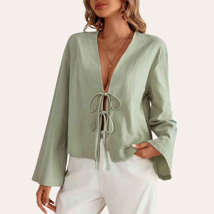 Vestea | Damen Baumwoll-Leinen Bluse mit Bindeband