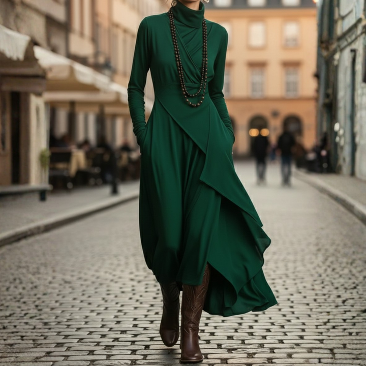 Vestido largo asimétrico plisado de cuello alto y manga larga para mujer