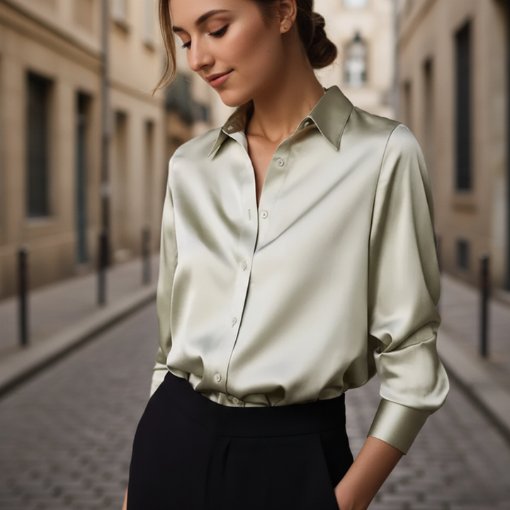 Women Satin Button Down Long Blouse