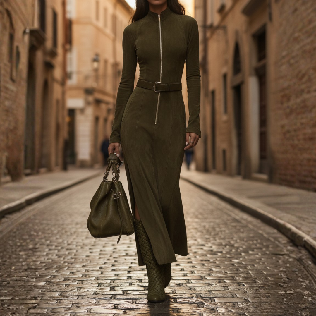 Women Faux Suede Belted Zipper Maxi Dress with Long Sleeves