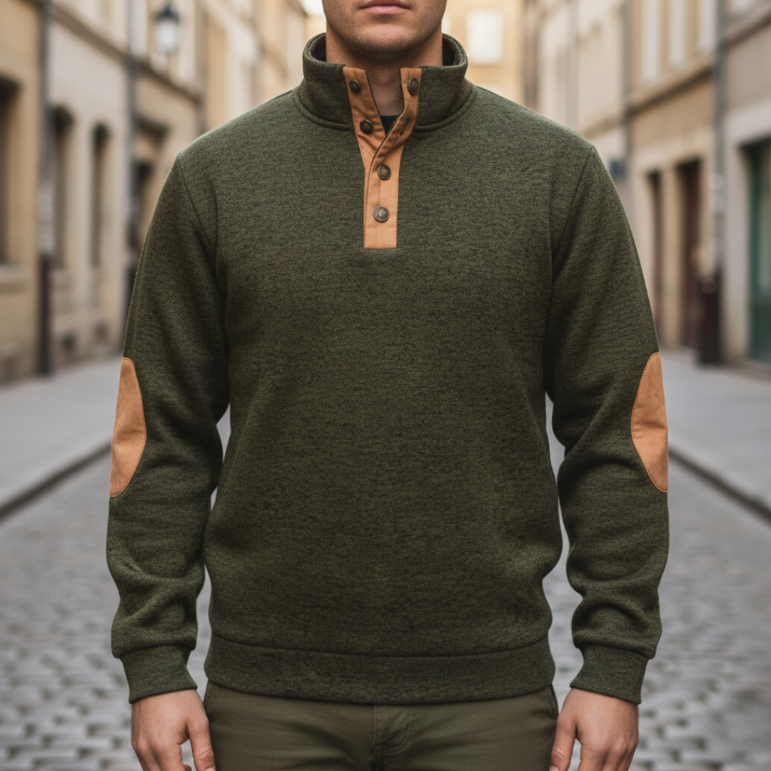 Herren Strick-Sweater Stehkragen Knopfleiste Ellbogenpatches | Vestea