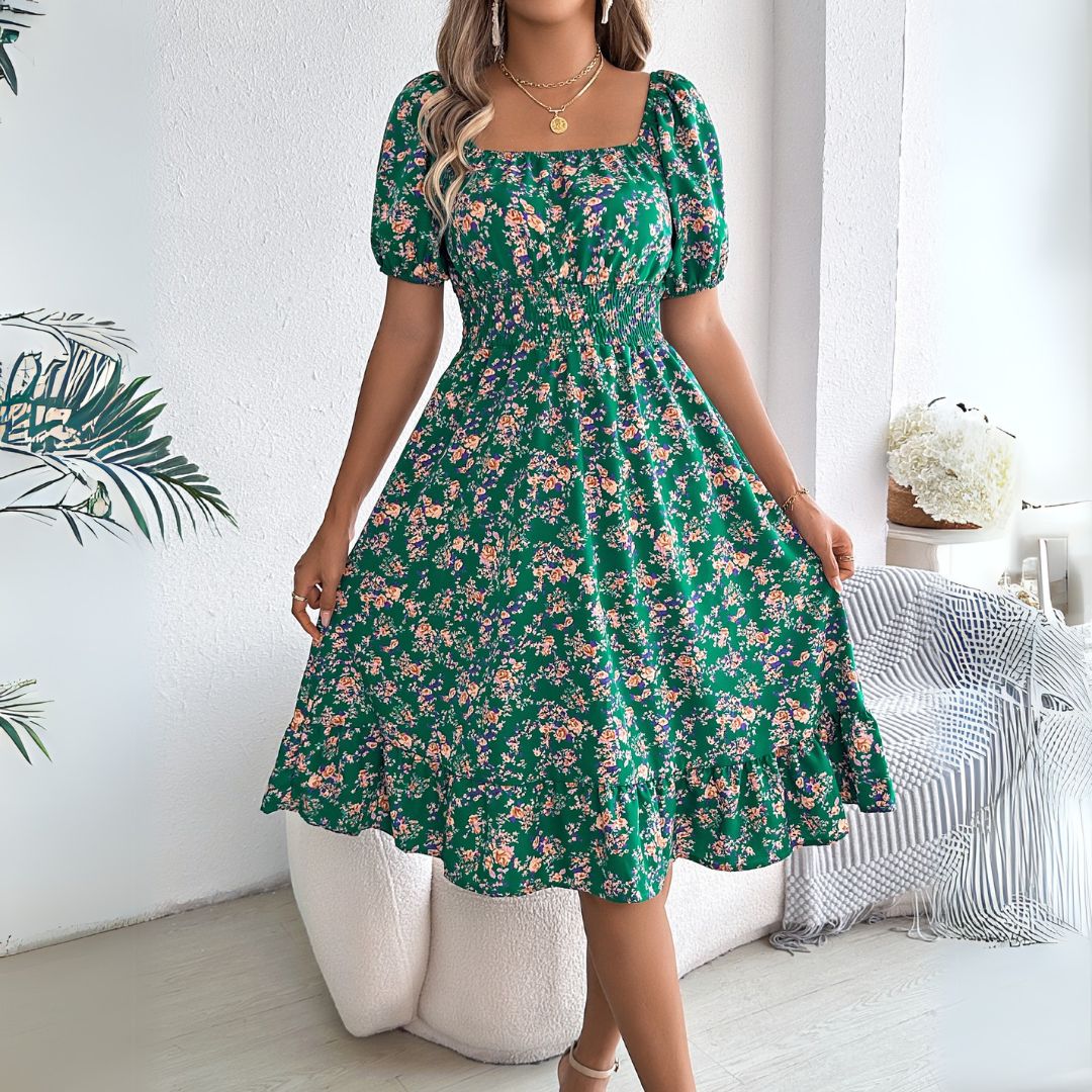 Damen Blumen Midikleid Baumwolle Puffärmel | Vestea