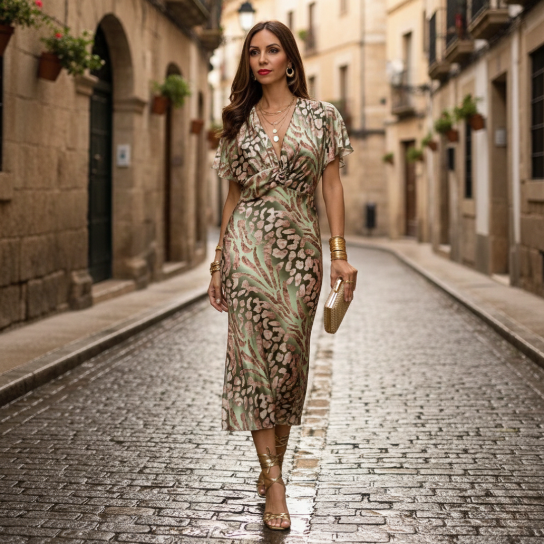 Robe midi manches courtes satinée à fleurs pour femme verte