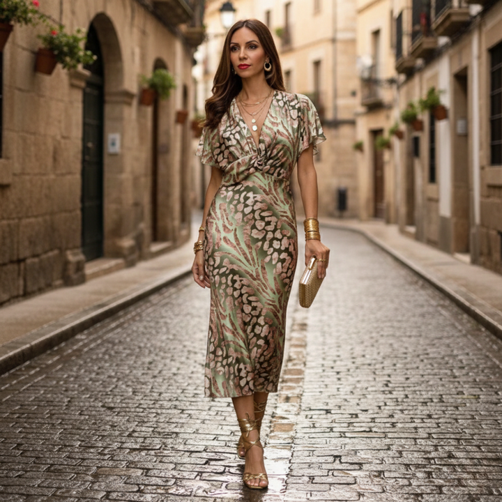 Midi Dress Short Sleeve Satin Floral Womens Green