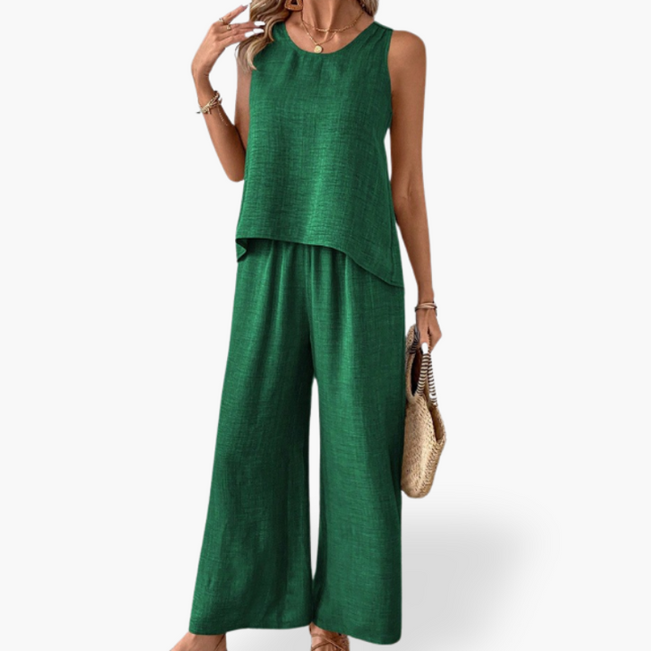 Leinen Tank Top Weite Bein Hose Damen | Vestea