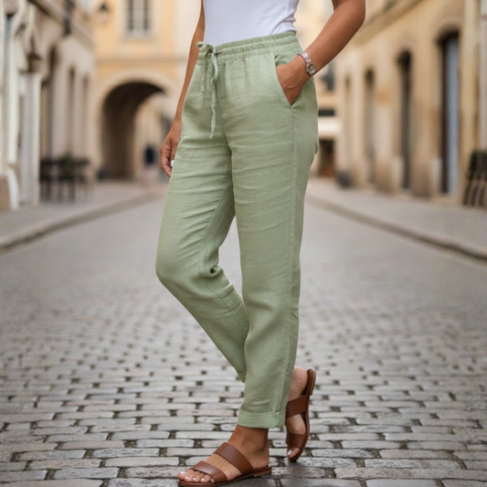Linen Pants Drawstring Elastic Waist Tapered Women Summer