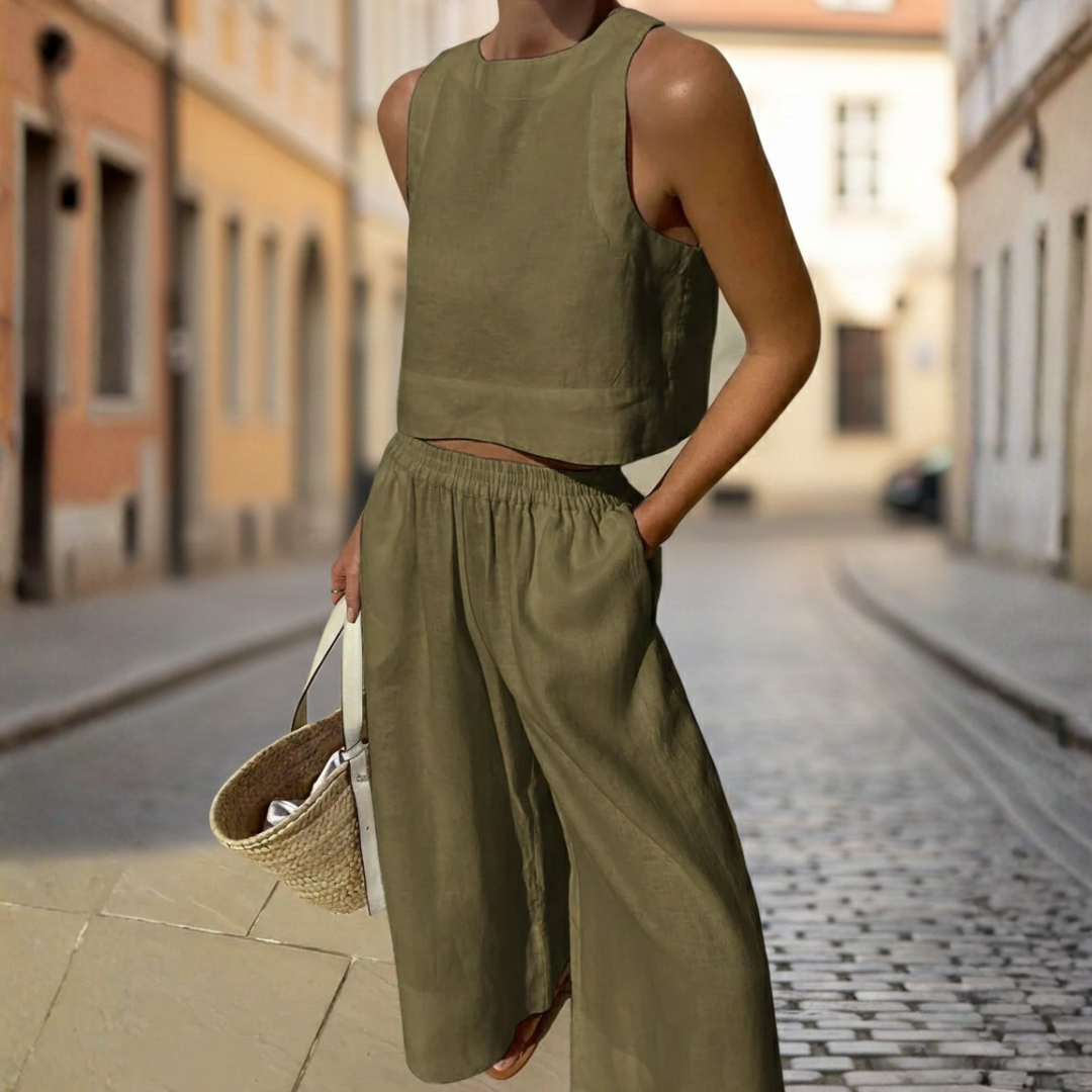 Conjunto de dos piezas: top corto y pantalones de pierna ancha sin mangas para mujer