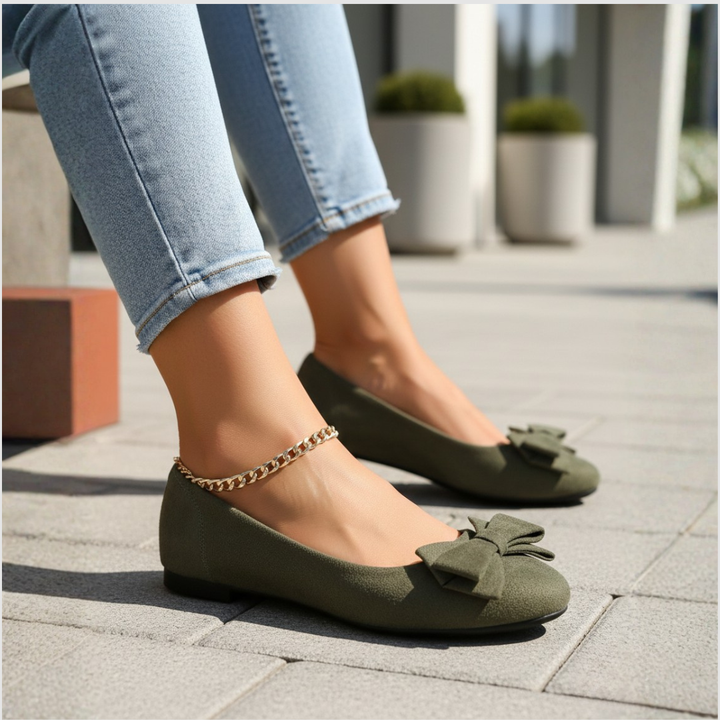 Zapatos planos de ballet de ante con lazo, sin cordones, punta redonda para mujer
