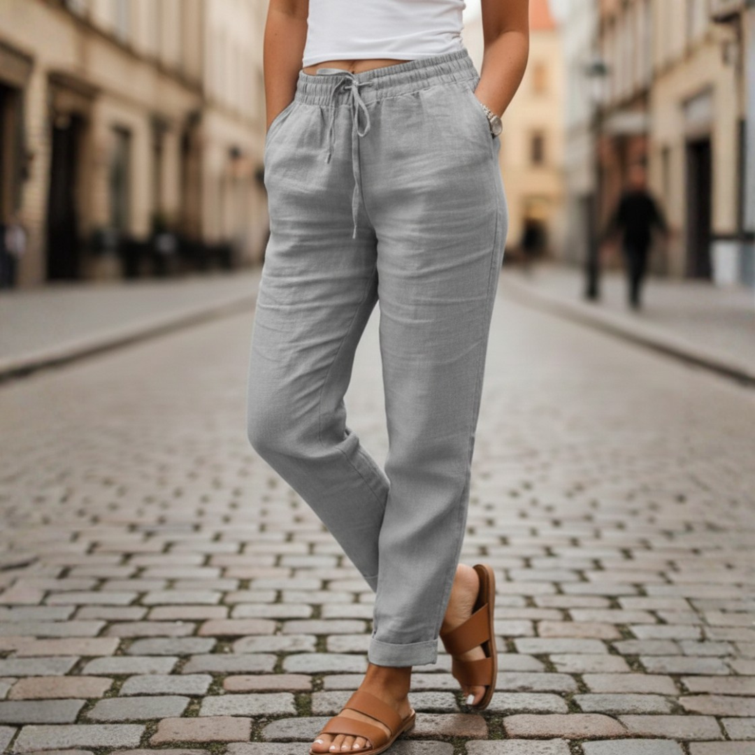 Pantalon en lin taille élastique à cordon de serrage, coupe fuselée pour femme, été