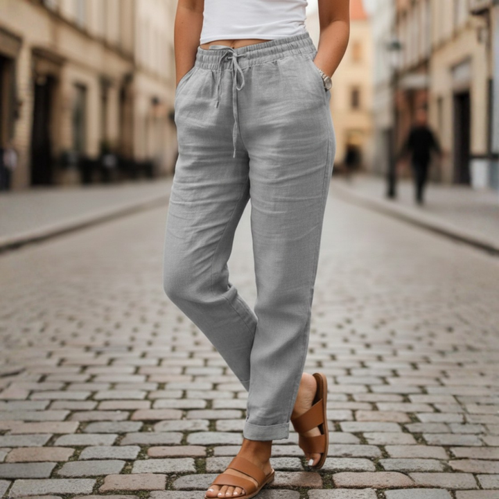 Pantalon en lin taille élastique à cordon de serrage, coupe fuselée pour femme, été
