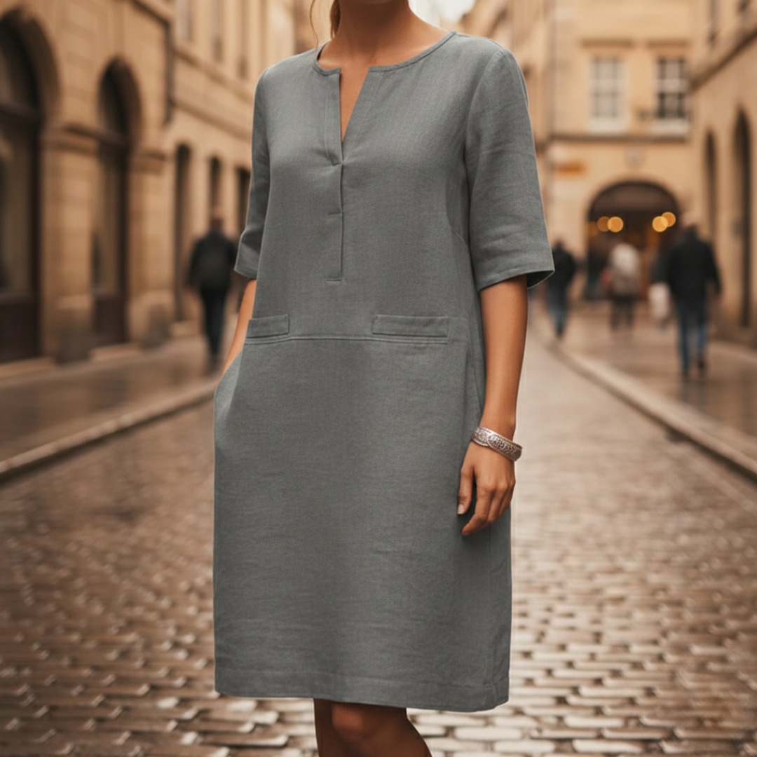 Robe droite manches courtes aspect lin pour femme