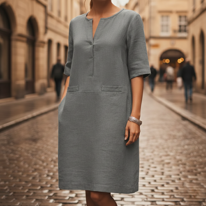 Vestido entallado de manga corta con apariencia de lino para mujer