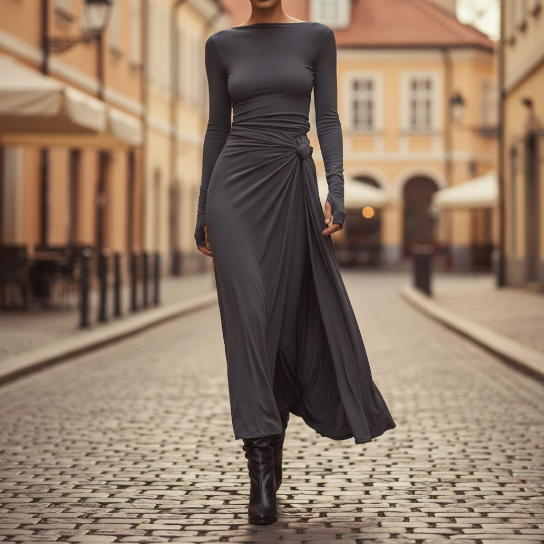 Robe longue à manches longues avec nœud latéral pour femme, longueur au sol