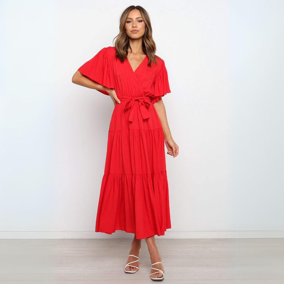 Rüschenärmel Kleid mit V-Ausschnitt Damen | Vestea