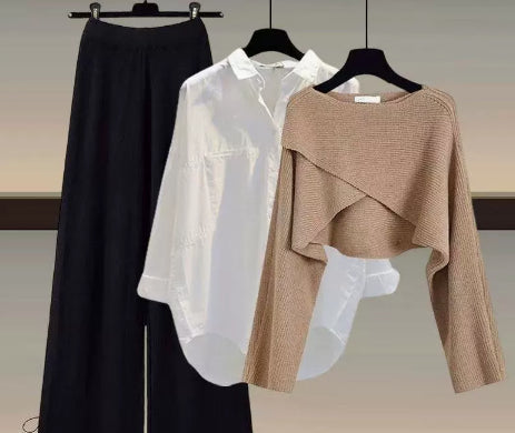 Women's Crossover Wrap Wide-Leg 3 Piece Set | Stretch Knit